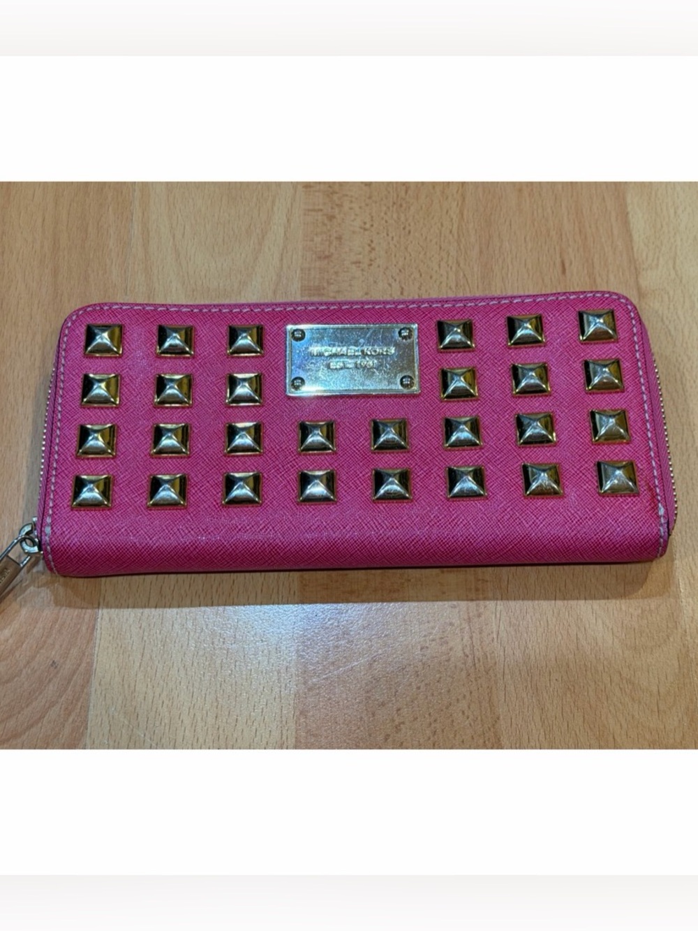Michael Kors Fuchsia Pink Saffiano Leather Pyramid Stud Continental Zip Wallet